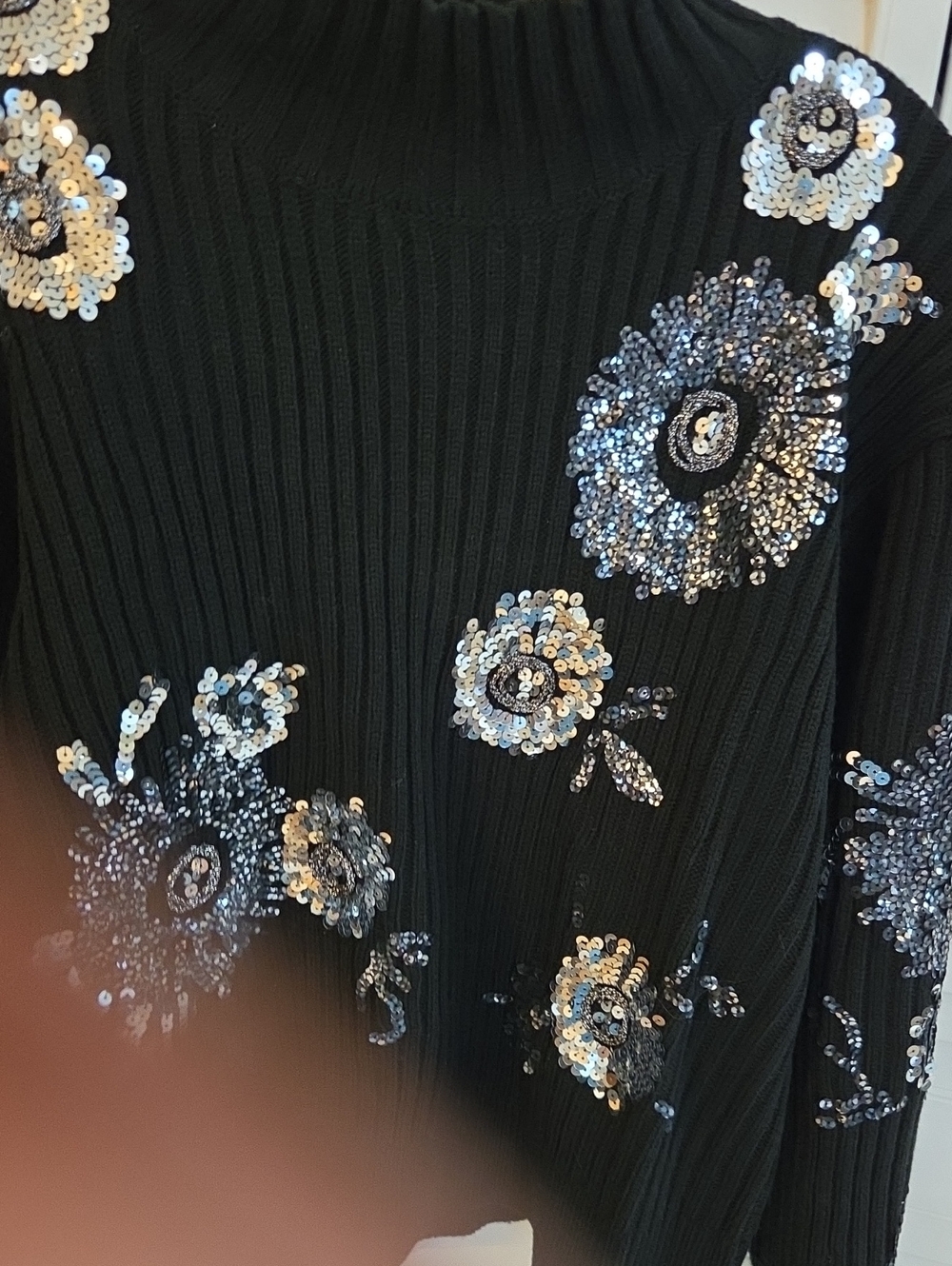 Embellished Black Sequin Flower Ribbed Sweater